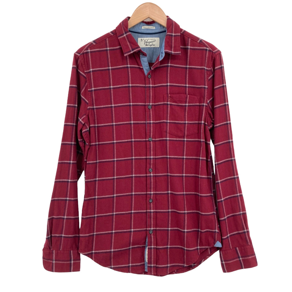 Original Penguin Button Up Shirt Mens Small Burgundy Plaid Heritage Slim Fit